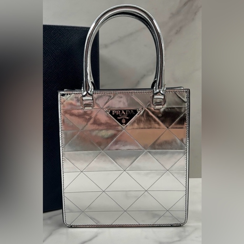 Prada Metallic Silver Spazzolato Triangle Tote Bag 
new with box and dustbag